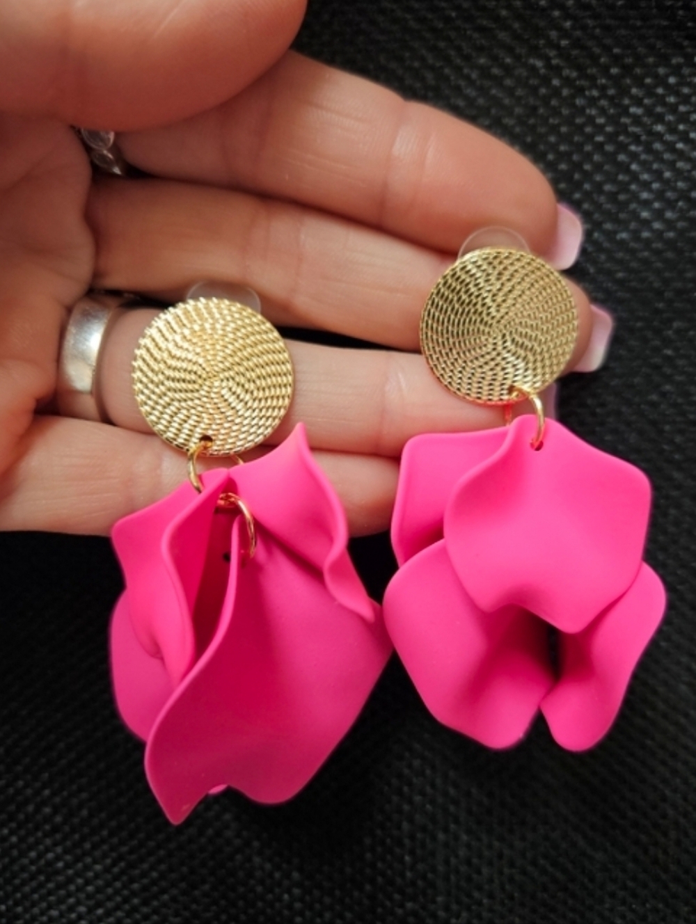 NEW Bold Fuchsia Floral Drop Earrings with Gold Discs